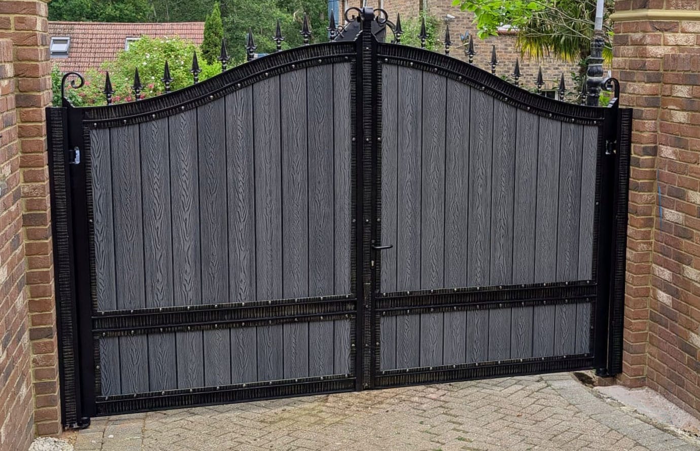 Hambledon style gate infilled with birch grey composite boards
