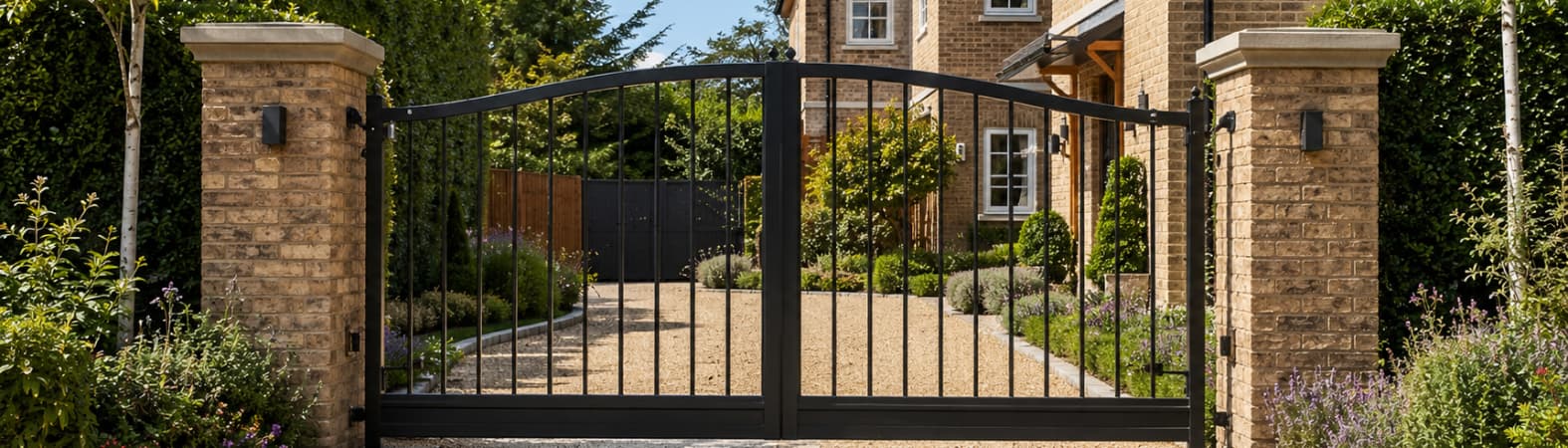Contemporary black steel swing driveway gates installed between brick pillars, providing secure vehicle access to a landscaped residential property while complementing the home's modern exterior.